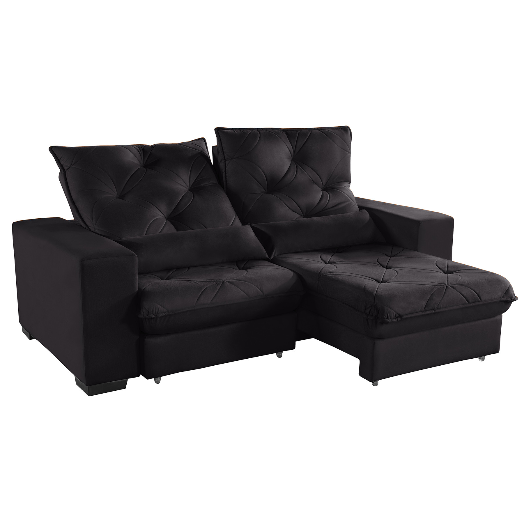 Sofá Retrátil Reclinável 5 Lugares 2,70m Suede Preto Super Pillow Top com Molas Ensacadas Isis