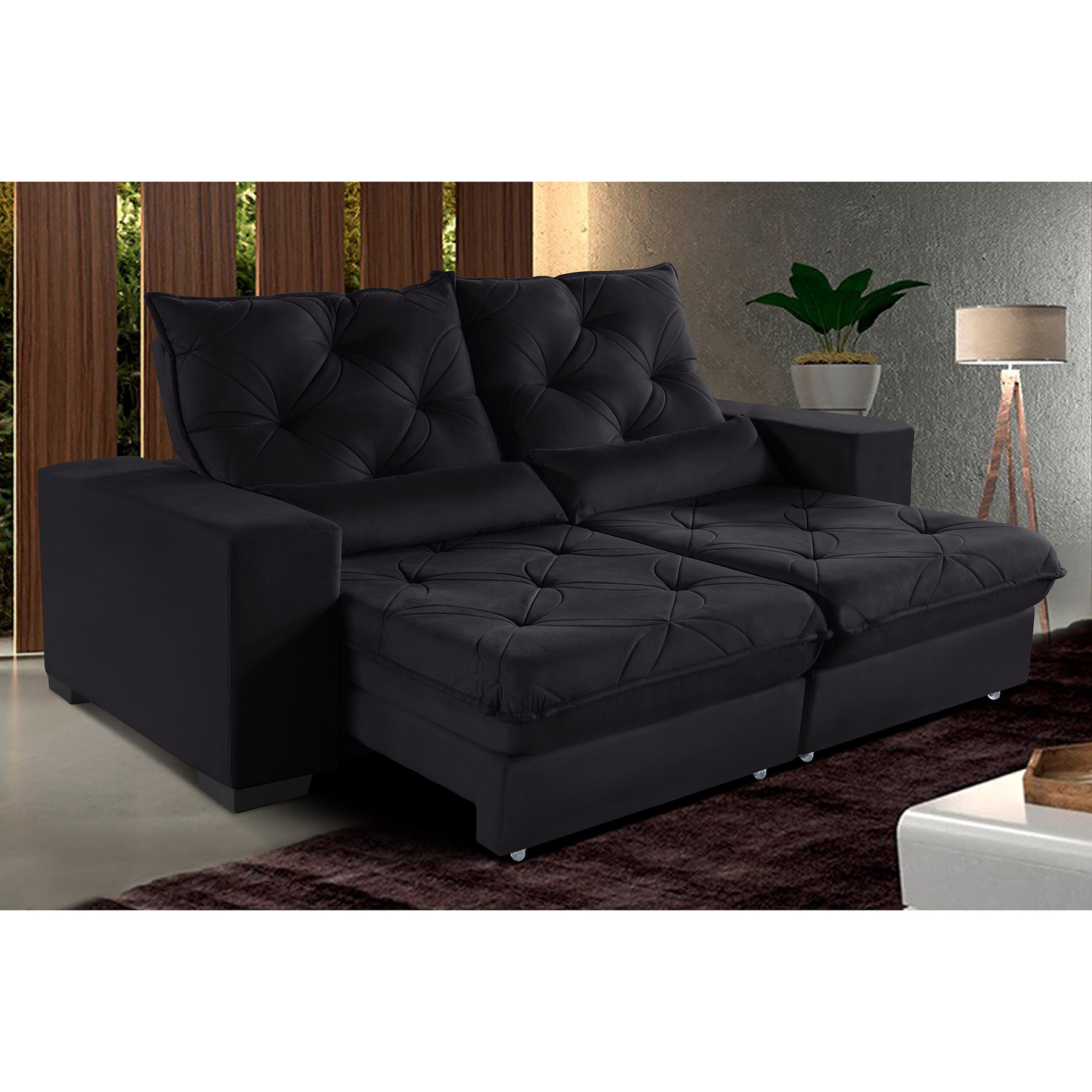 Sofá Retrátil Reclinável 5 Lugares 2,70m Suede Preto Super Pillow Top com Molas Ensacadas Isis